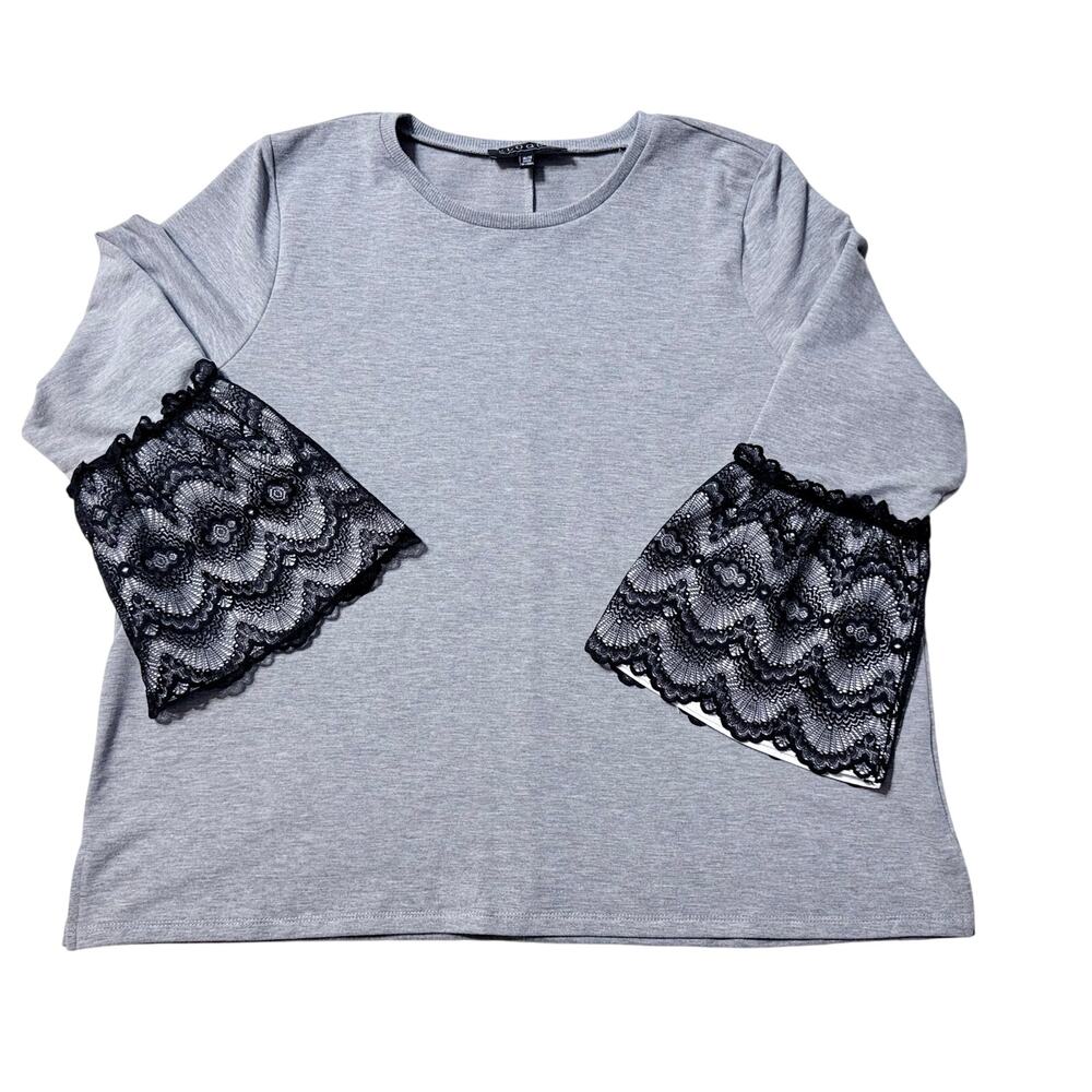 ELOQUII Gray Knit Top with Black Lace Bell Sleeves – Size 18/20